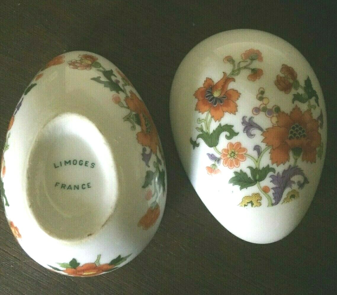 LIMOGES France Egg Shape -Hand Painted Flowers -Covered Trinket Box