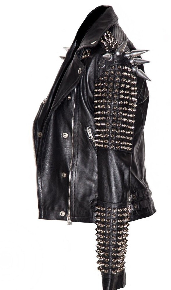 Pre-owned Handmade Men Silver Studded Jacket Black Punk Silver Long Spiked Leather Solid Heavy Stud
