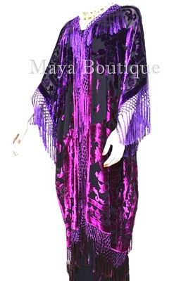 Pre-owned Maya Matazaro Violet Fuchsia Kimono Caftan Fringe Jacket Silk Burnout Velvet Hand Dyed Maya In Violet Fuchsia Ombree