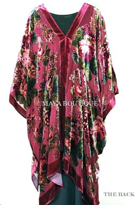 Pre-owned Maya Matazaro Caftan Kimono Jacket Silk Burnout Velvet Cherry Multi Gypsy Rose