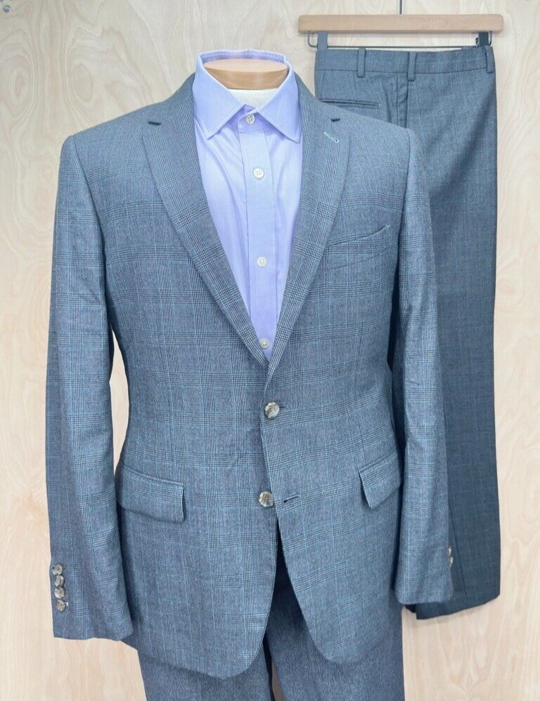 IndoChino Men's Slim Fit Gray Plaid Suit 40R, Pants 33x31 Surgeon Cuffs
