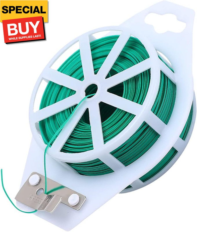 Twist Ties: 328 Feet Plastic Coated Wire to Tie Garden Plant or Office Cable with Convenient, Built-in Cutter (Green)