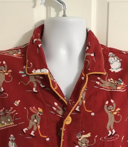 Men's Nick and Nora LS Button Pajamas/PJs Set/Top/Bottoms - Red/Monkeys - Size L