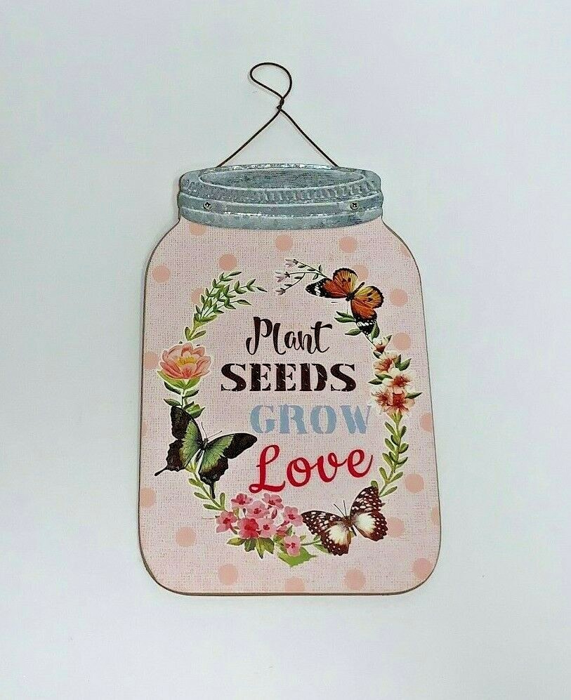 Mason Jar Shaped Wood Cut Out Signs Garden Love Butterfly Wall Plaques Set of 2