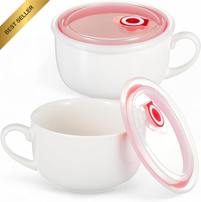 2-Piece Soup Bowl Set with Handles, 6-Inch White Ceramic Soup Bowls with Lids, M