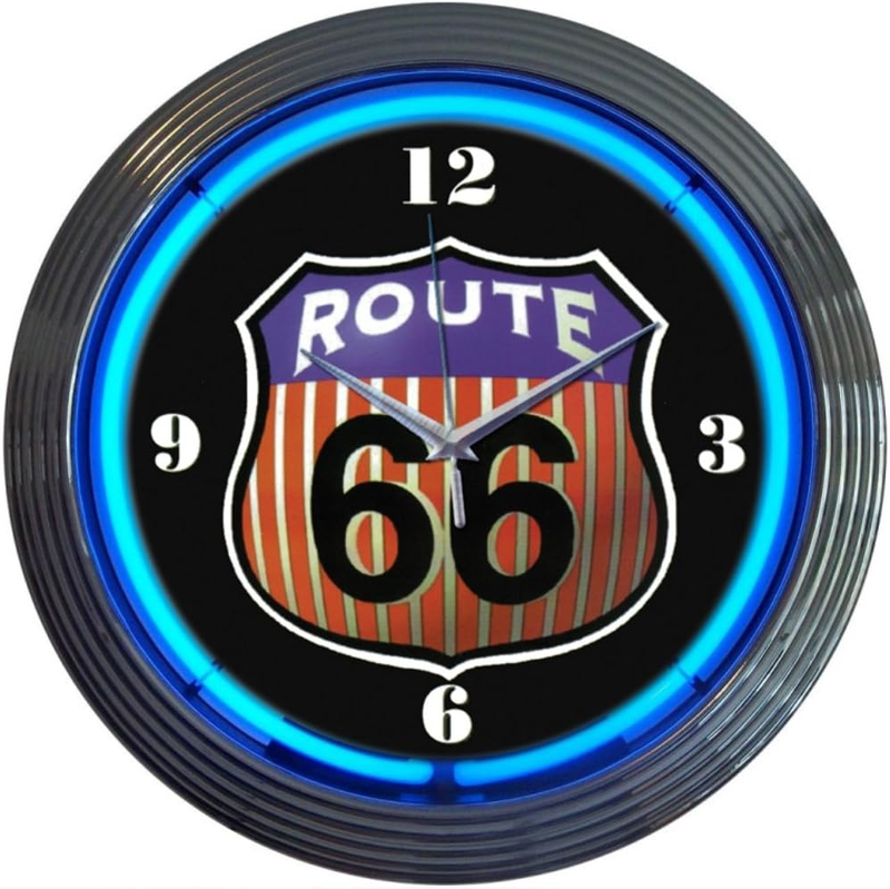 15-Inch  Cars and Motorcycles Route 66 round Neon Wall Clock