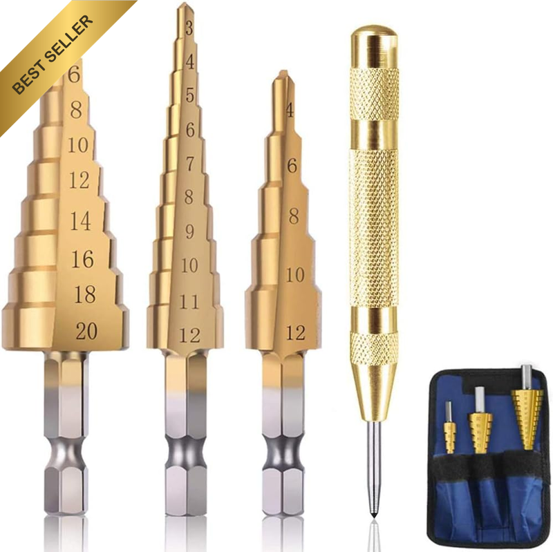 4Pcs/Set Titanium Coated Step Drill Bit Set, HSS Hex Shank Metal Multiple Hole S