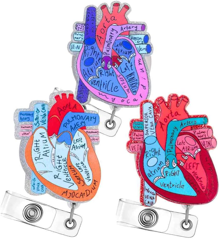 3 PC Cardiac Heart Phlebotomy Badge Reel Holder Retractable with ID Name Card Ta