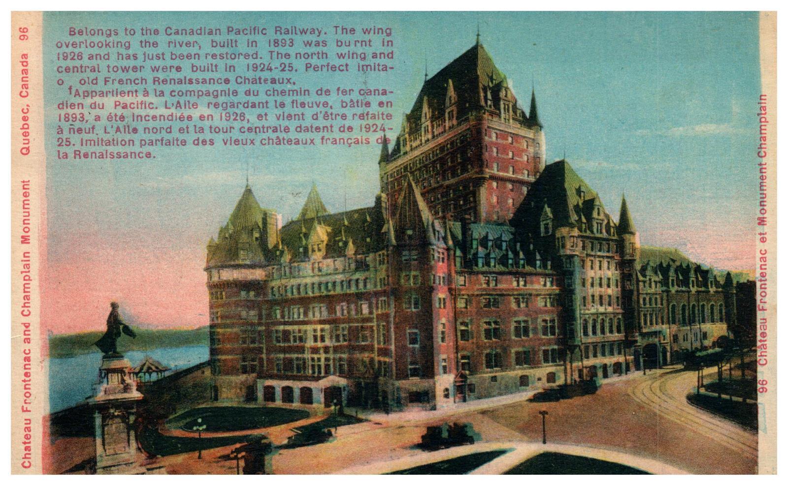 Chateau Frontenac Champion Monument Vintage Postcard Linen Quebec Canada