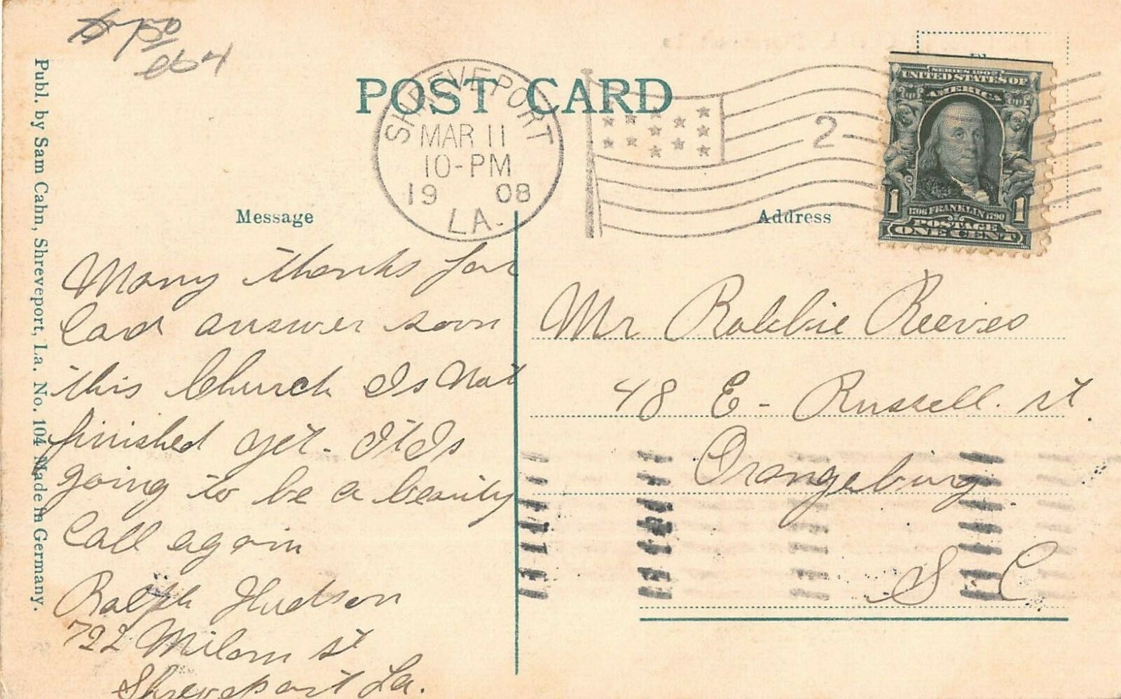 1908 First Baptist Church Shreveport LA post card
