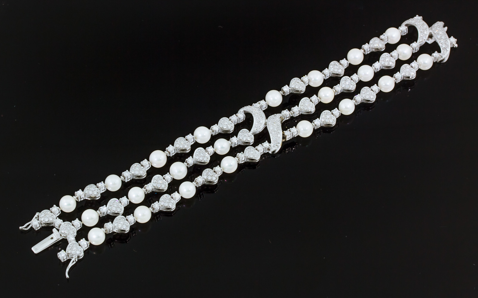 6 ct Diamond and Akoya Pearl Triple Strand Tennis Bracelet 18k White Gold Estate