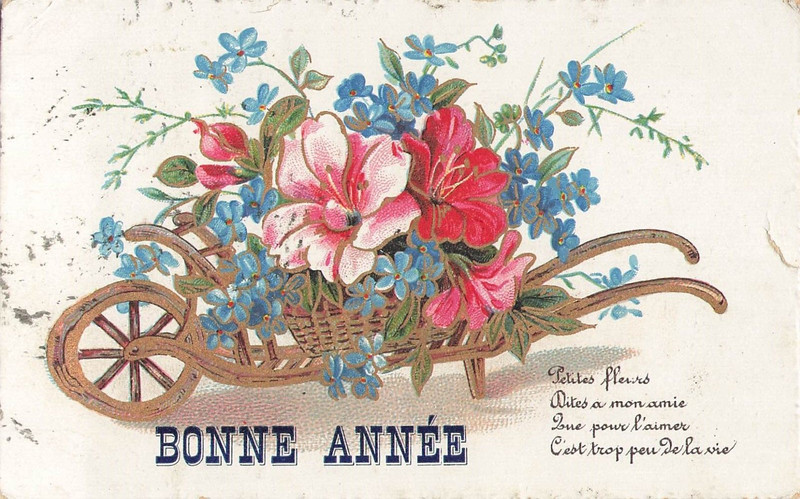 Cp Illustree Dorure Bonne Annee Brouette Fleurs - 32564