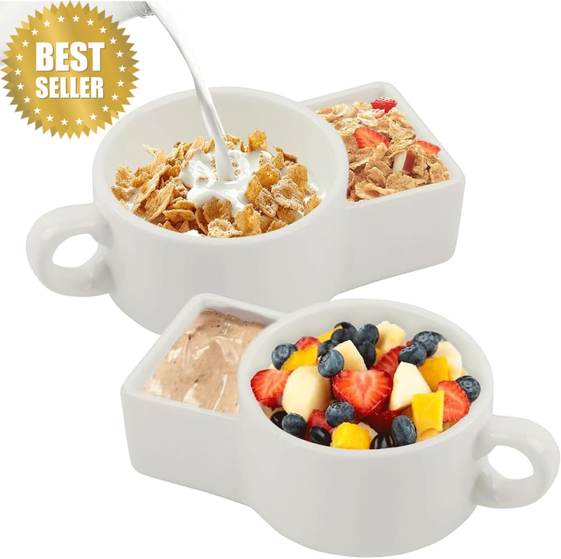 2Pcs Ceramic Crackers Cereal Bowl Set, Anti-Soggy Cereal Bowl, 6.8 Inch Divided