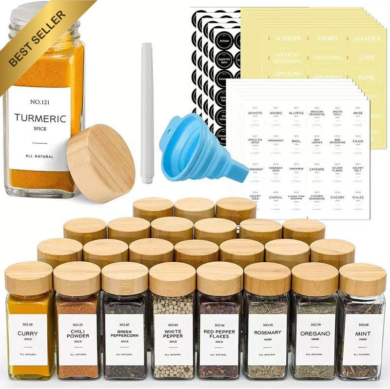 24 Pcs Glass Spice Jars with Bamboo Lids and Label, Seasoning Containers, Spices
