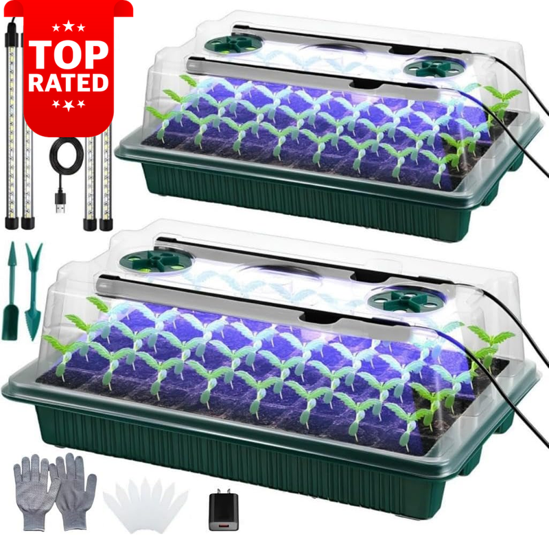 80 Cell Seedling Tray 2 Pack with Grow Lights and Humidity Dome Timer Kit