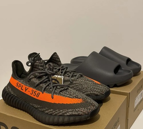 Pre-owned Adidas Originals Adidas Yeezy Boost 350 Carbon Beluga Size 13 & Yeezy Slide Slate Grey Size 13 M In Gray