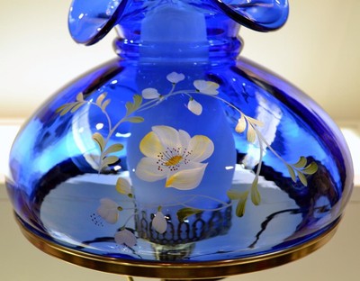 Fenton Lamp COBALT BLUE Table w FOUNT Golden Flax on Cobalt 23