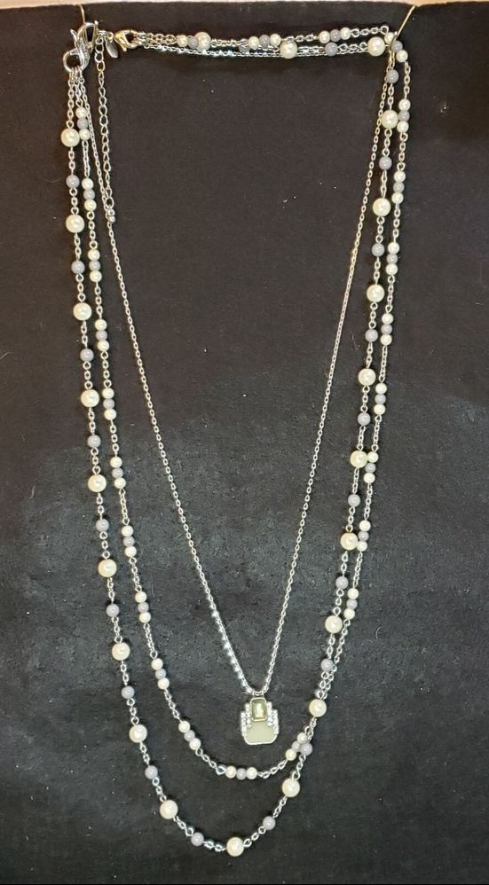 Layered Necklace Loft Silver Tone Multi Strand Faux Pearl Geometric