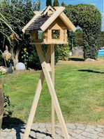 DARLUX Rechteckiges Vogel Futter Haus aus Holz + Ständer Natur/Dunkelbraun