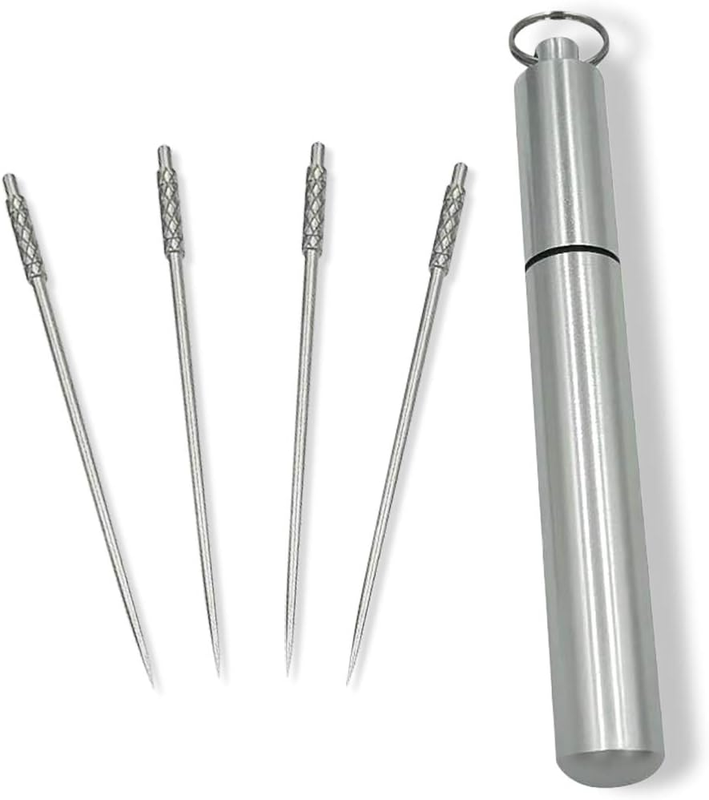 4PCS Titanium Toothpick Set w/Stainless Holder Reusable Keycha...
