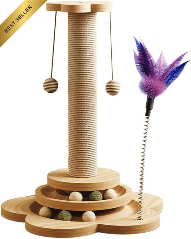 Sunflower Wooden Cat Scratching Post, Low-Height Cats Tree with Interactive Trac