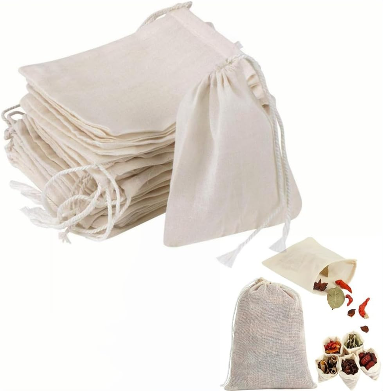 40 Pcs Reusable Muslin Spice Bags – 10X15 CM Natural Cotton Drawstring Bags for