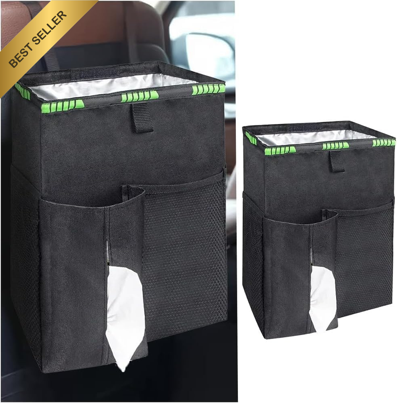 Car Trash Can with Storage Pockets, Waterproof Leakproof Automotive Garbage Hang