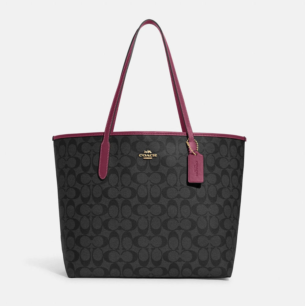 NWT Coach Signature Canvas 5696 City Tote Bag In Graphite Black Cherry eBay