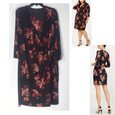Connected Apparel Plus Floral Faux-Wrap Dress Black Wine Size 20W New