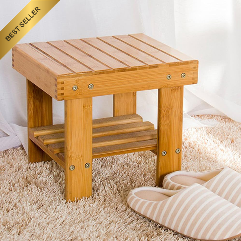 Bamboo Shower Bench Foot Rest Shaving Stool,Storage Shelf for Bathroom, Bench Ga