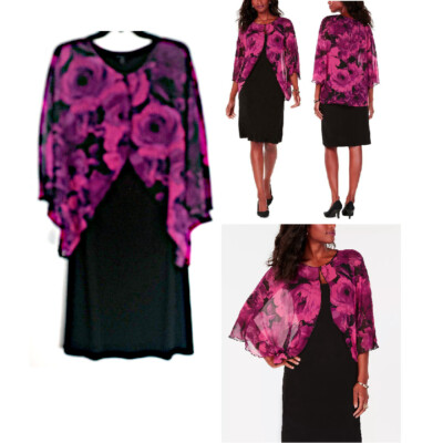 Connected Apparel Pink Floral Chiffon Cape Dress Black Size 10 New