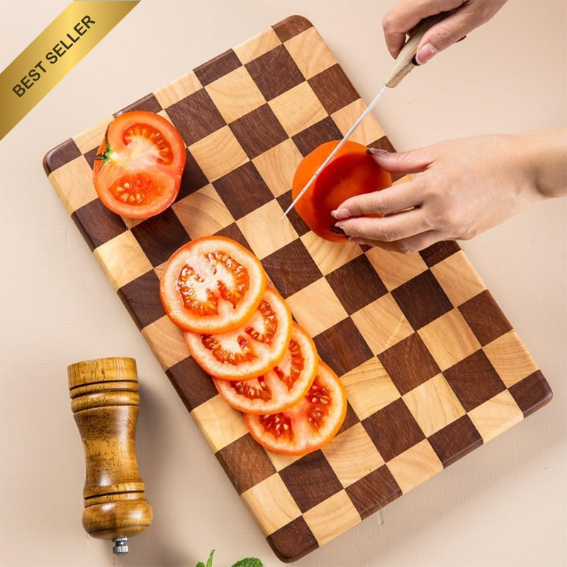 Cutting Boards for Kitchen, Wooden Chopping Board with Checkerboard Pattern, Lar