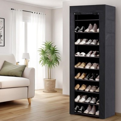 Artiss 10-Tier Shoe Rack Cabinet, Black Storage Organizer with Removable Cover