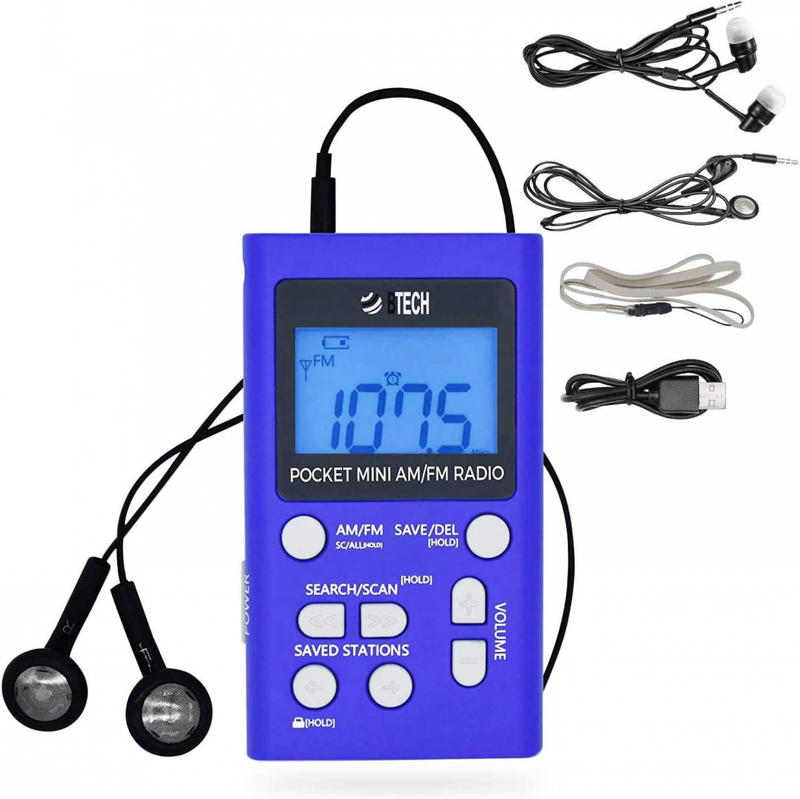 BTECH MPR-AF1 AM FM Personal Radio with Two Types of Stereo Headphones, Blue