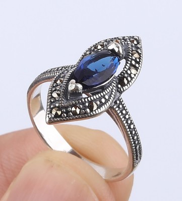 MARCASITE SIMULATED SAPPHIRE .925 SOLID STERLING SILVER RING SIZE 7 #53376