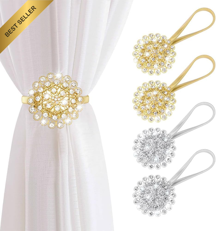 4 Pack Magnetic Curtain Tie Backs for Curtains, Gold and Silver Crystal Holdback