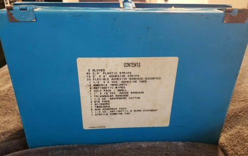 Vintage blue ACME INDUSTRIAL FIRST AID KIT #25 metal box w/first aid guide