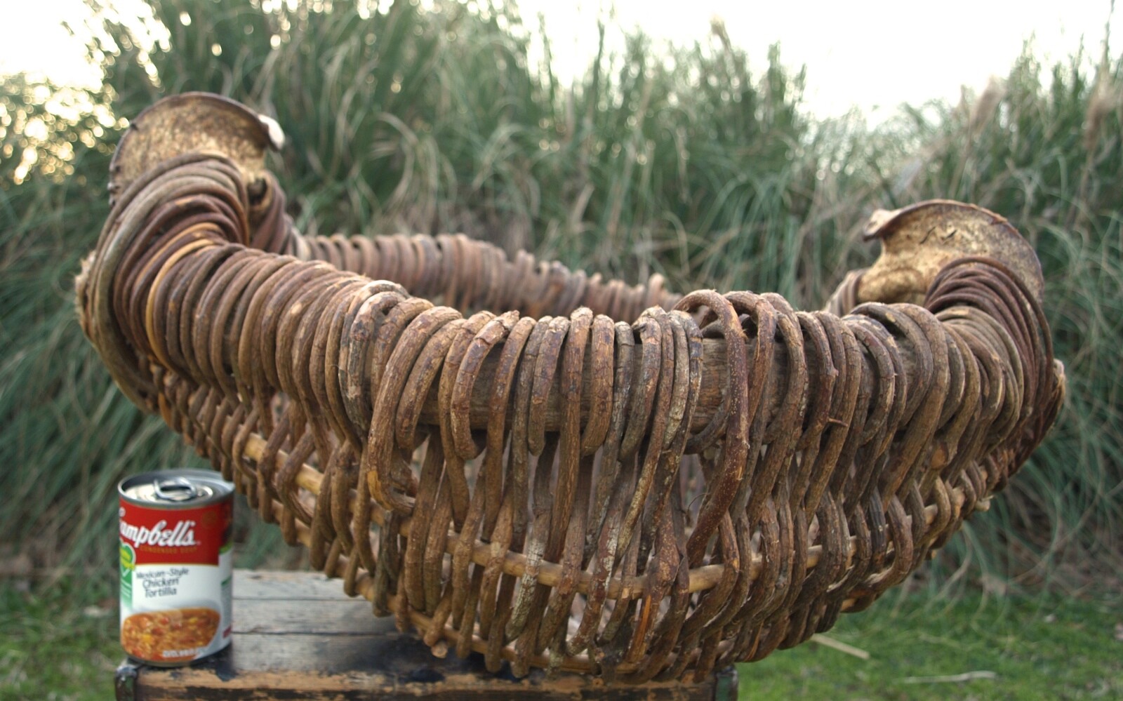 primitive gathering stick basket signed E.