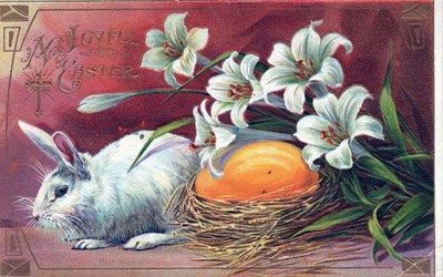 EASTER - Rabbit, Egg In Nest And Lilies A Joyful Easter Postcard