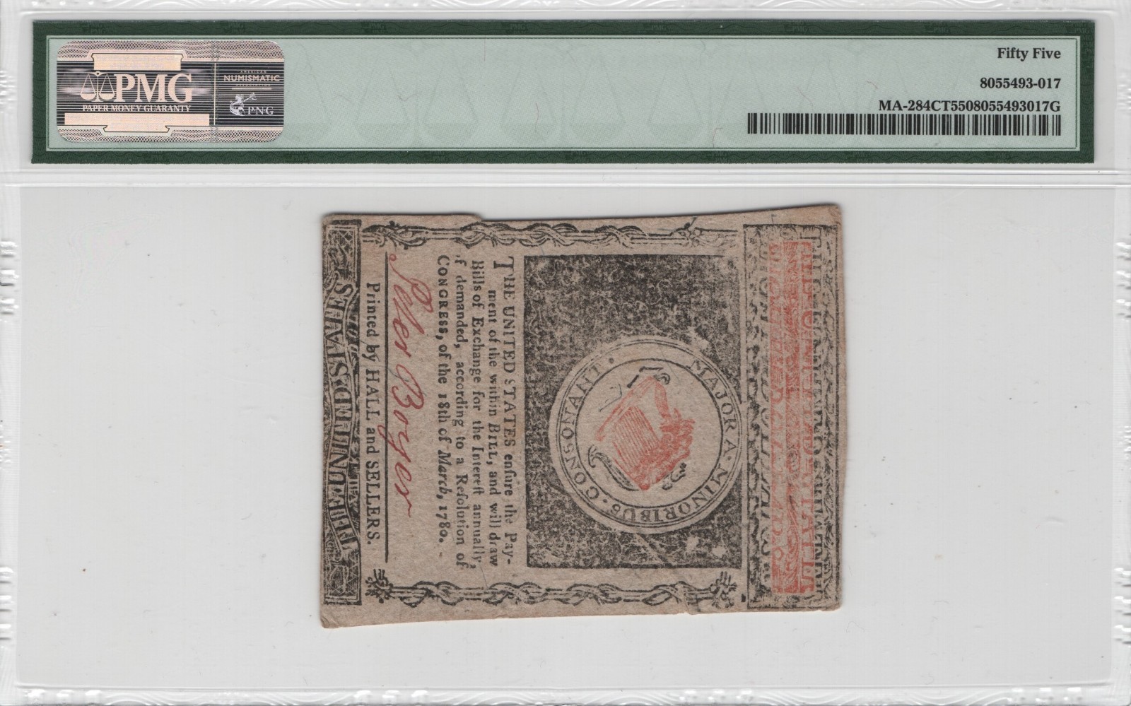 Massachusetts Colonial Note $8 Counterfeit FR#MA-284CT May 5th 1780 PMG AU55