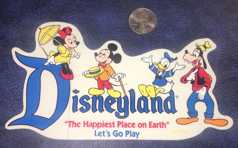 Vintage DISNEYLAND “Let’s Go Play” DECAL/STICKER w/Mickey,Donald,Goofy+ 6 3/4”