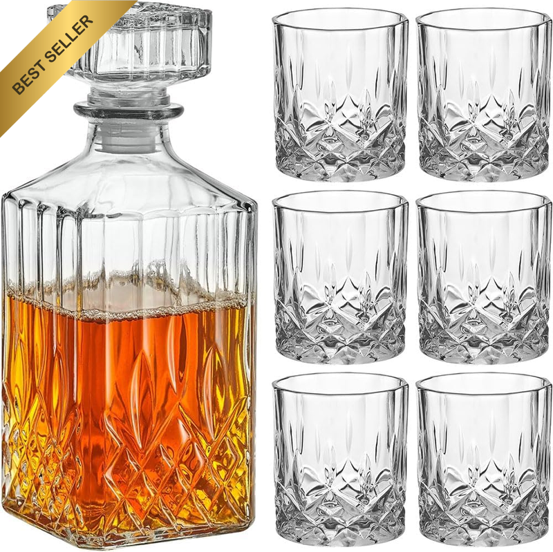 Whiskey Decanter Set 6-Glass Crystal Gift Barware with Stopper
