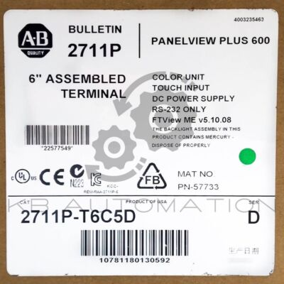 2711P-T6C5D PanelView Plus 600 Terminal, 5.5'' touch screen, RS-232, 24VDC supply