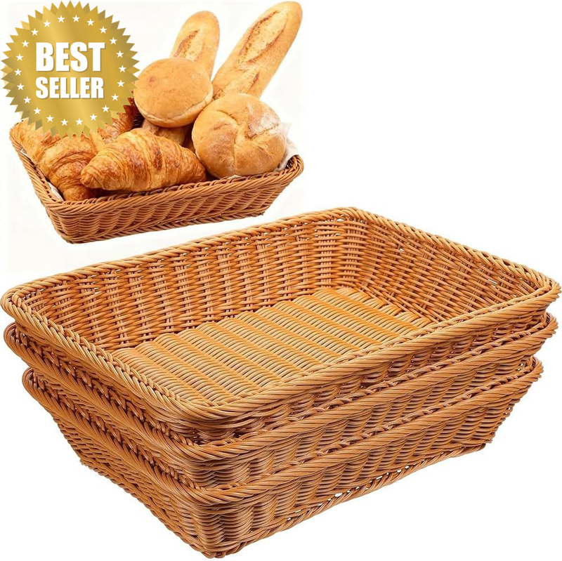 3 Pack Imitation Wicker Bread Baskets for Serving, Brown Woven Storage Basket, R