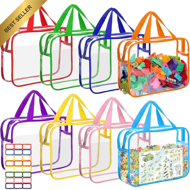 8Pack Clear Zipper Bags Storage Waterproof with Labels Manual Pocket | Transpare