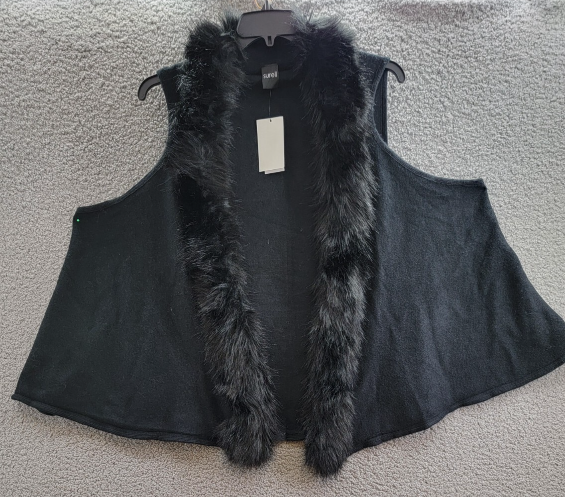 Surell Faux Fur Trimmed Knit Vest Women's One Size Black Shawl Collar Hook & Eye - Picture 2 of 13