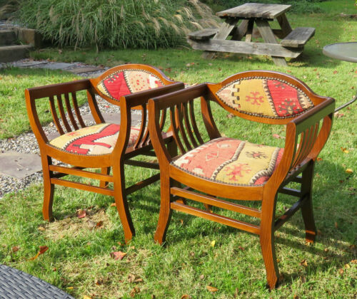 PAIR OF WOODEN ACCENT CHAIRS_Hand MADE IN TURKEY_ANATOLIAN_KILIM_Barrel_Unique