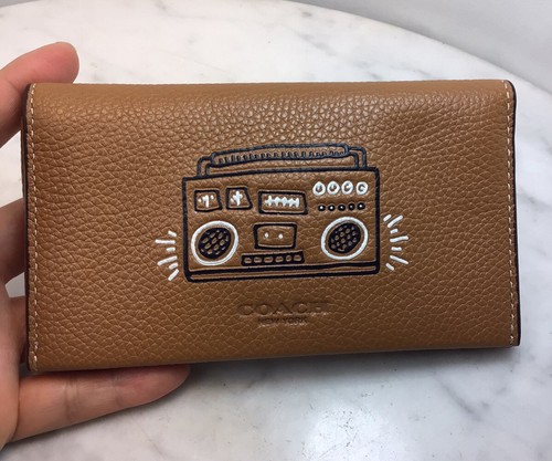 COACH Keith Haring Camel Brown Leather Boombox Phone Case Wallet New