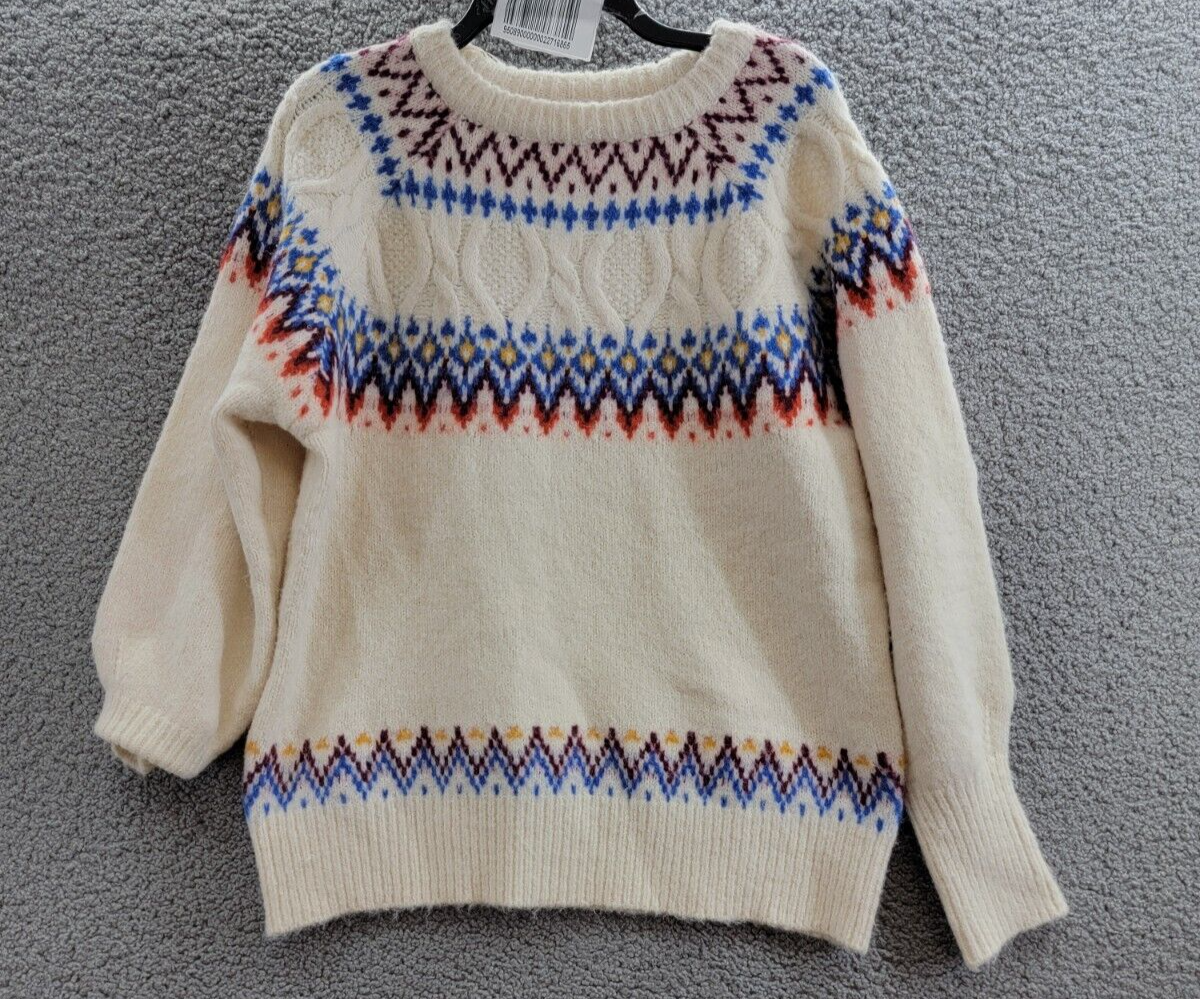 AQUA Fair Isle Sweater Women's M Cream Multi Crew Neck Long Sleeve Pullover - Picture 2 of 15