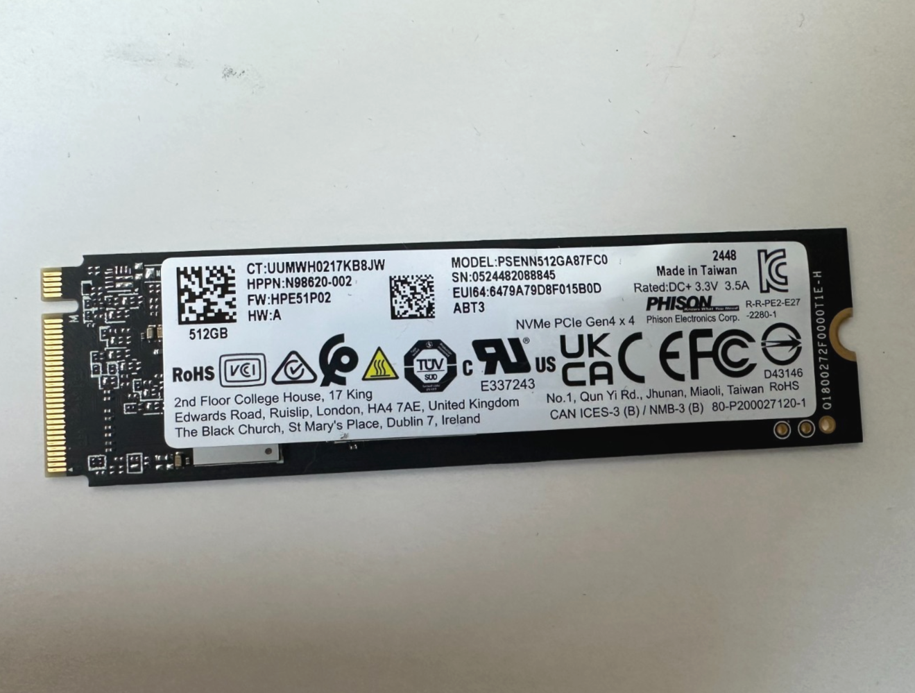 PHISON PCle NVMe Gen 4x4 512GB SSD PSENN512GA87FC0 N98620
